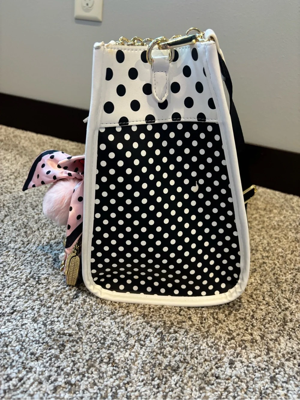 Betsey Johnson Black & White Polka Dot Tote with Pink Pom Charm - Picture 3 of 10